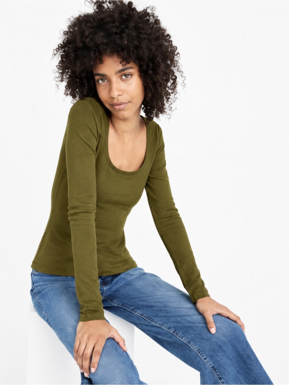 Madewell Scoop-Neck Cotton Blend Long-Sleeve Baby Tee Kate Green Size M